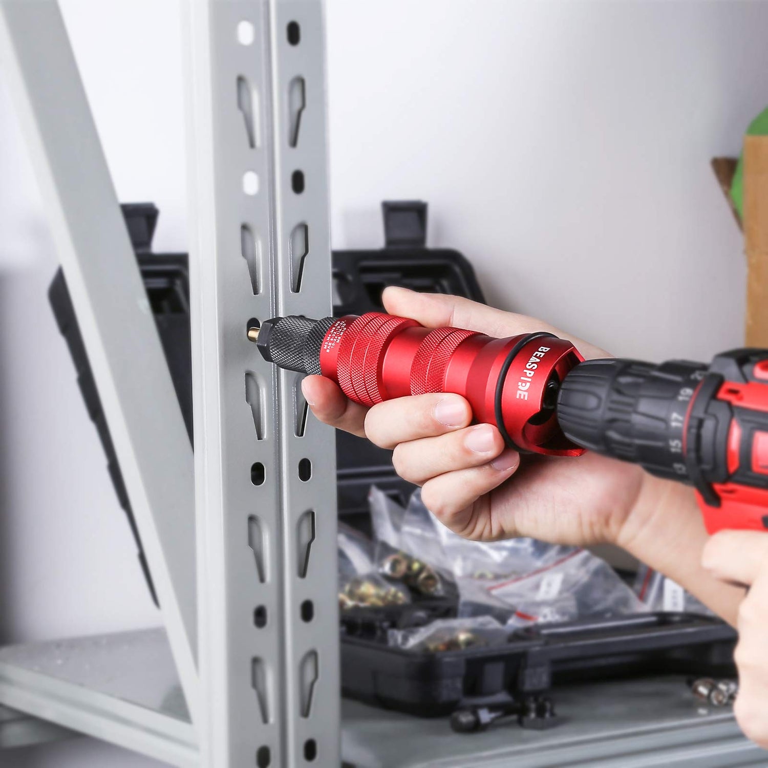 Cordless Drill Electric Rivet Gun Adapter Rivet Nut Drill Adapter Kit Including 10 Mandrel and 50Pcs Assorted Rivet Nuts, Rugged Carrying Case Beaspire