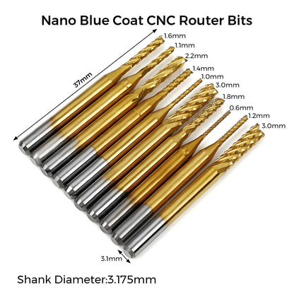OUYANG 40Pcs End Mill CNC Router Bits, 1/8" Shank CNC Engraving Bits, 2 Flute Flat Nose and Ball Nose Carbide Endmill, Nano Blue Coat and Titanium