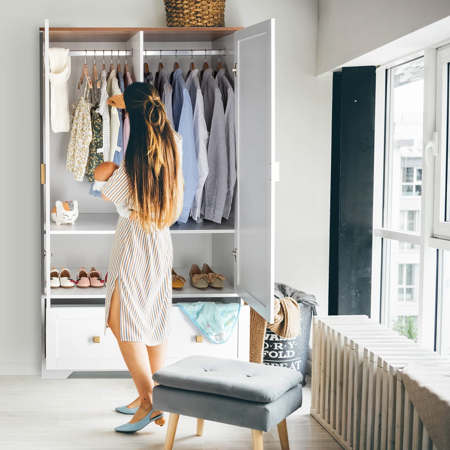 VINGLI Wide Wardrobe Closet, White Armoire Wardrobe with Hanging Rod, Shelves and Drawer, Freestanding Closet Wardrobe Cabinet, Armoires and