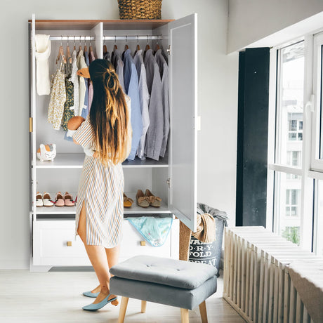 VINGLI Wide Wardrobe Closet, White Armoire Wardrobe with Hanging Rod, Shelves and Drawer, Freestanding Closet Wardrobe Cabinet, Armoires and VINGLI