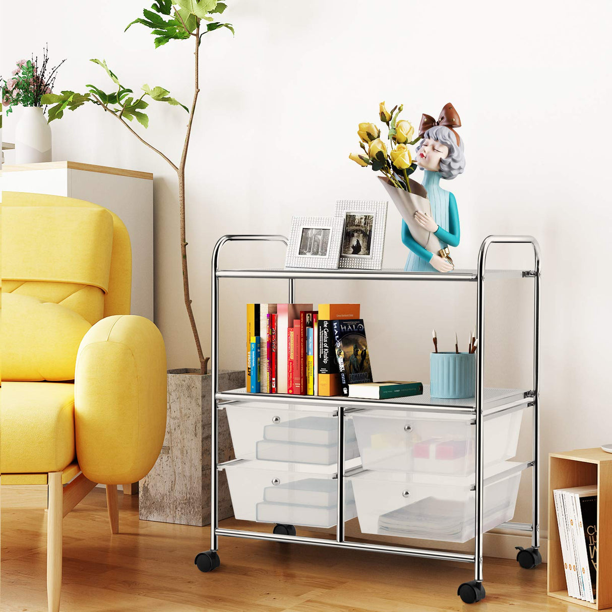 RELAX4LIFE Storage Cart W/Four Drawers, Wheels and Two Shelves, Stable Steel Frame Craft Cart for Office,Home, Make Up Storage and Files Arrangement RELAX4LIFE