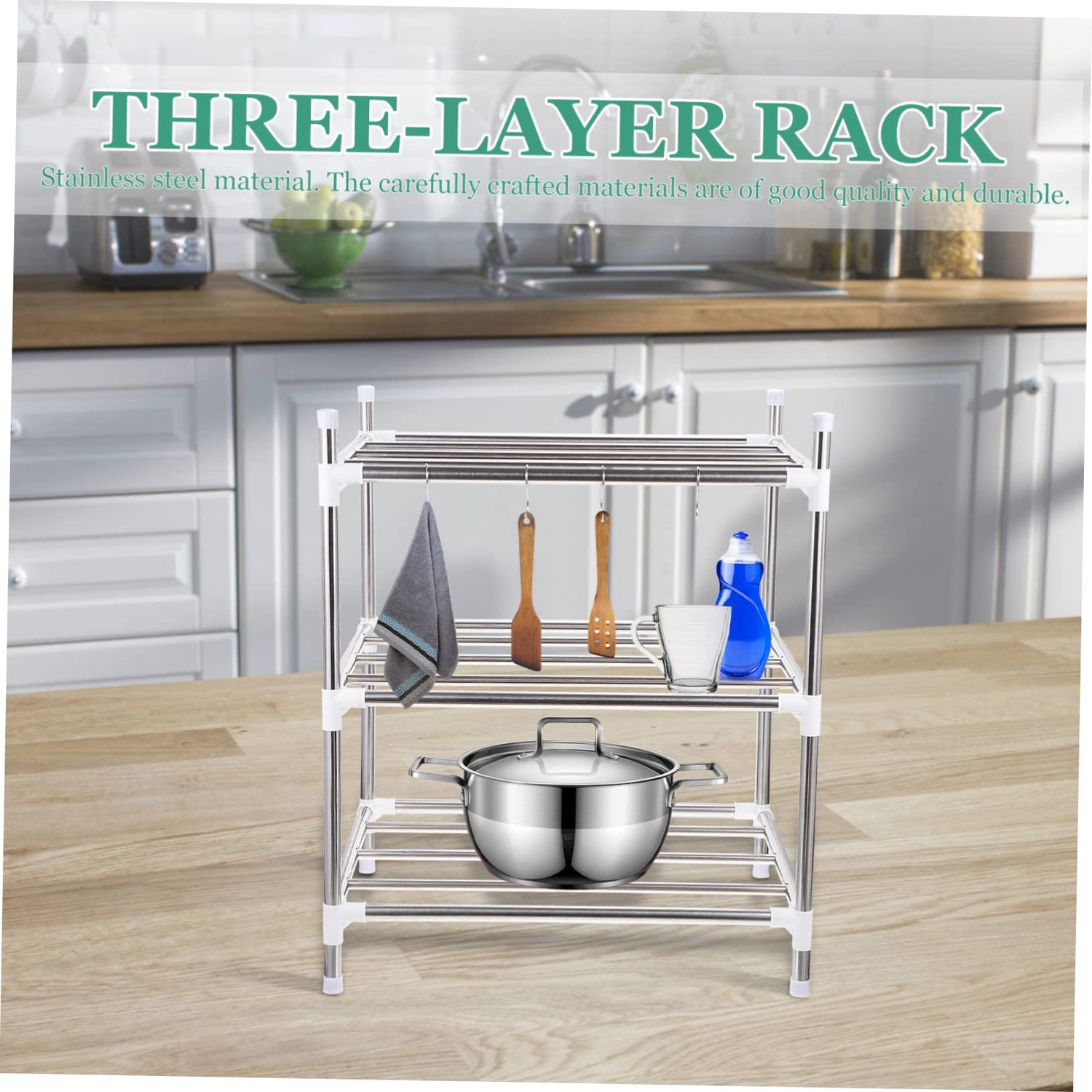 Garneck 1pc Kitchen Storage Rack Shelf for Kitchen Cabinets Steel Storage Countertop Shelf Organizer Three-Layer Shelf Cabinet Storage Shelf Rack Garneck