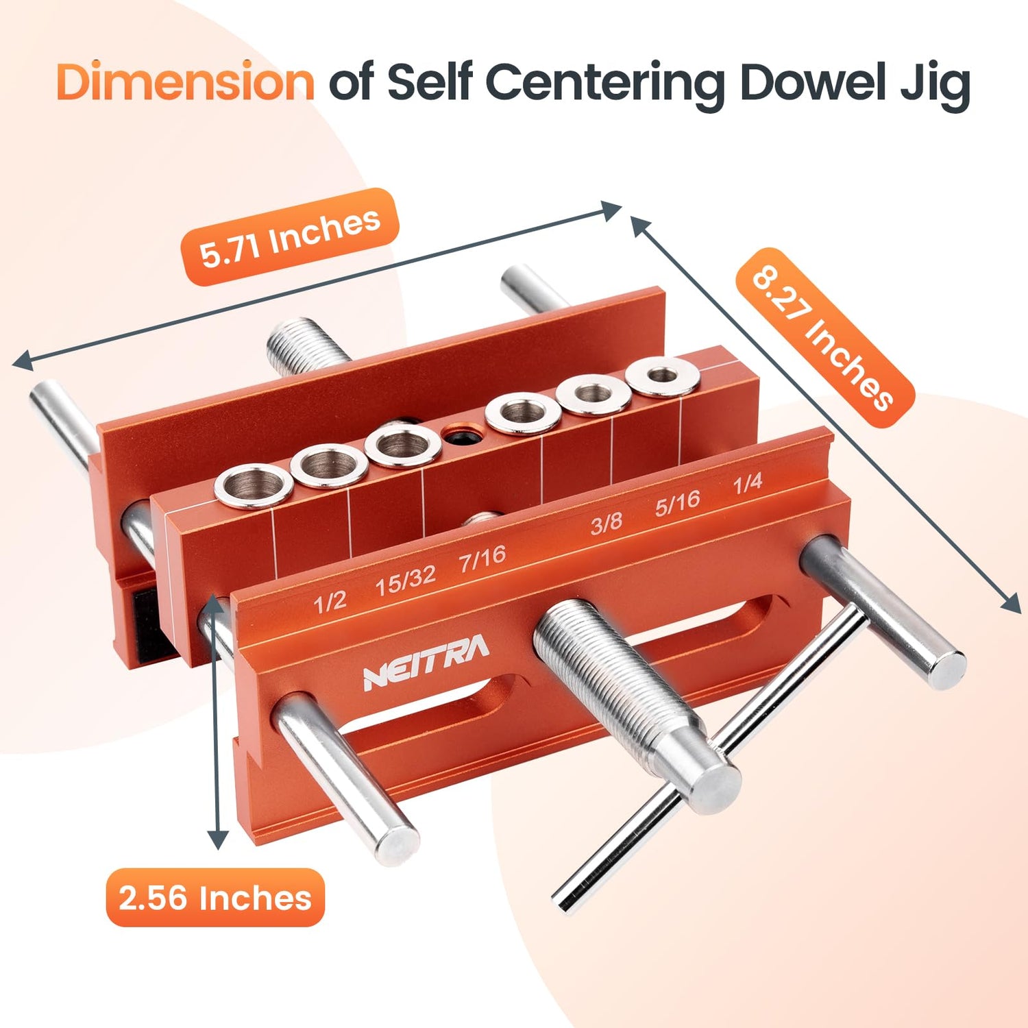 Neitra Self Centering Doweling Jig - 6 Drill Guides for Straight Holes, Adjustable Width Up to 6.75", All Metal Drilling Hole Kit for Wood Dowel Jig, Neitra
