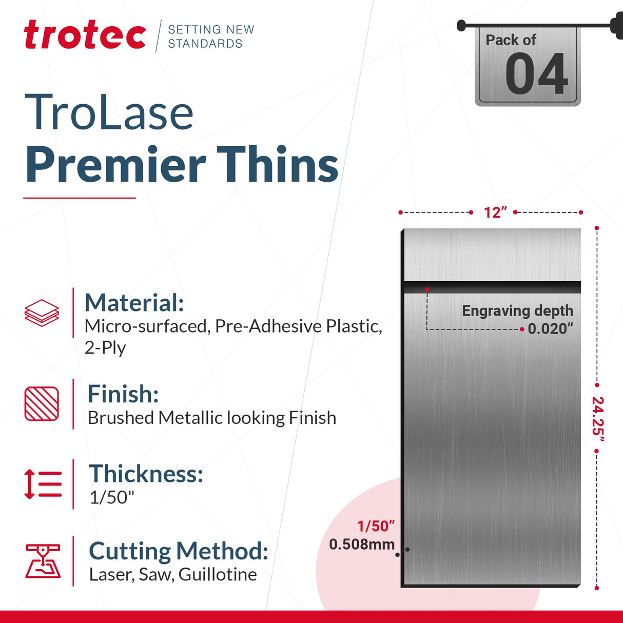 Trotec | Thin Acrylic Sheet | 4 Pcs | Aluminum/Black | Matte, Gloss & Brushed Metal Finish | 24.25”x12”x 1/50” | 2 Ply | Acrylic Panels for Laser TROTEC