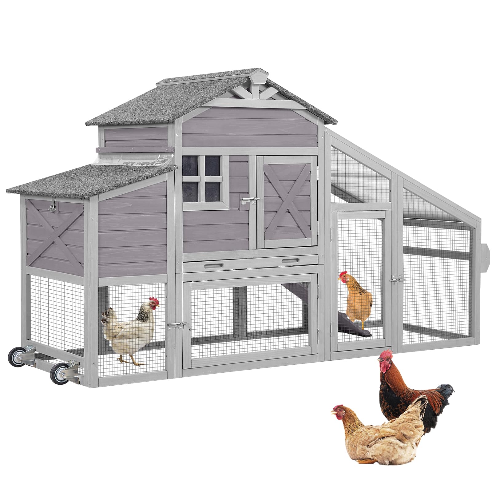 Chicken Coop Mobile Hen House with Large Nesting Box 73" Expandable Outdoor Wooden Poultry Cage with Wheels, Nesting Box, Leakproof Pull-on Tray and - WoodArtSupply