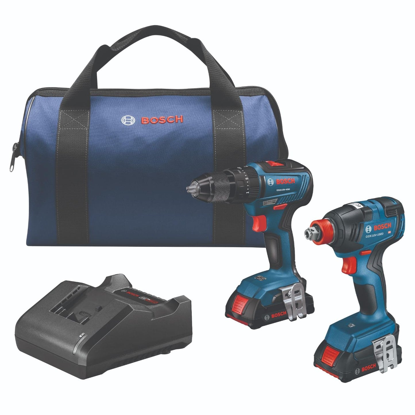 BOSCH GXL18V-240B22 18V 2-Tool Combo Kit with 1/2 In. Hammer Drill/Driver, Two-In-One 1/4 In. and 1/2 In. Bit/Socket Impact Driver/Wrench and (2) 2 - WoodArtSupply