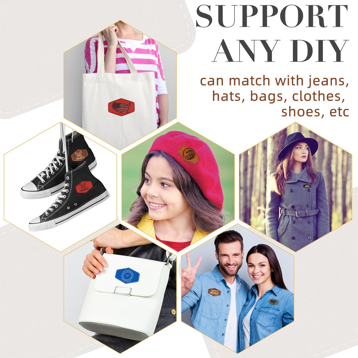 Huhumy 60 Pcs 3 x 2 Inch Blank Leatherette Hat Patches with Adhesive Rustic Leatherette Hexagon Laserable Patch Faux Leather Patches for Hats Fabric Huhumy