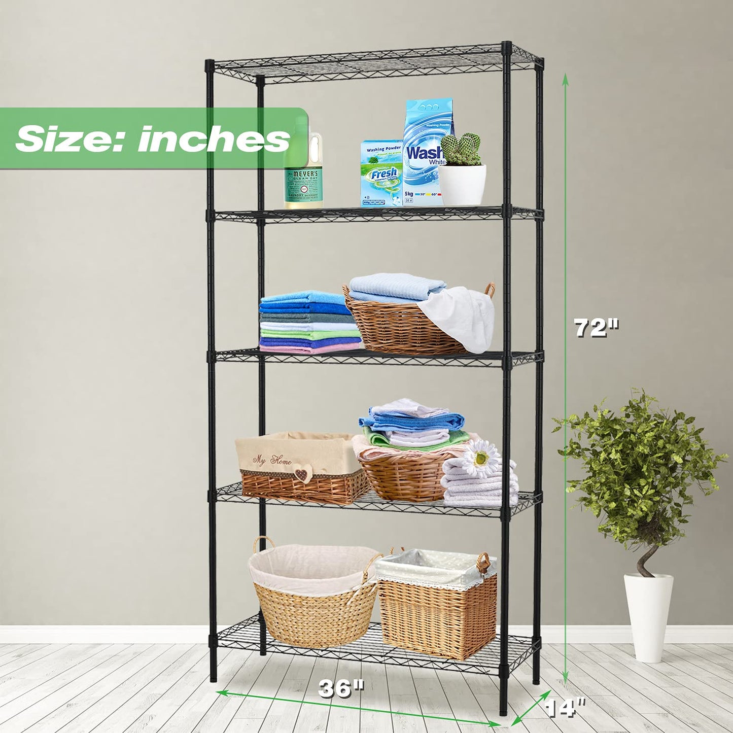 HCY 5-Tier Storage Shelf Heavy Duty Shelving Unit NSF Height Adjustable Metal Storage Rack for Laundry Bathroom Kitchen Garage Pantry Organization -