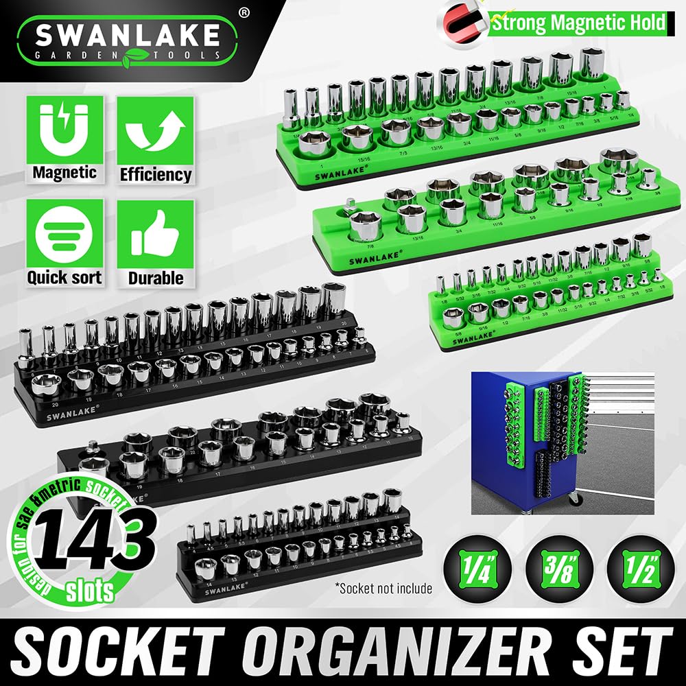 SWANLAKE 6PCS Magnetic Socket Organizer Set, Magnetic Socket Holder, 1/4", 3/8", 1/2" Socket Holds 143 Pieces Magnetic Socket Trays. SWANLAKE GARDEN TOOLS