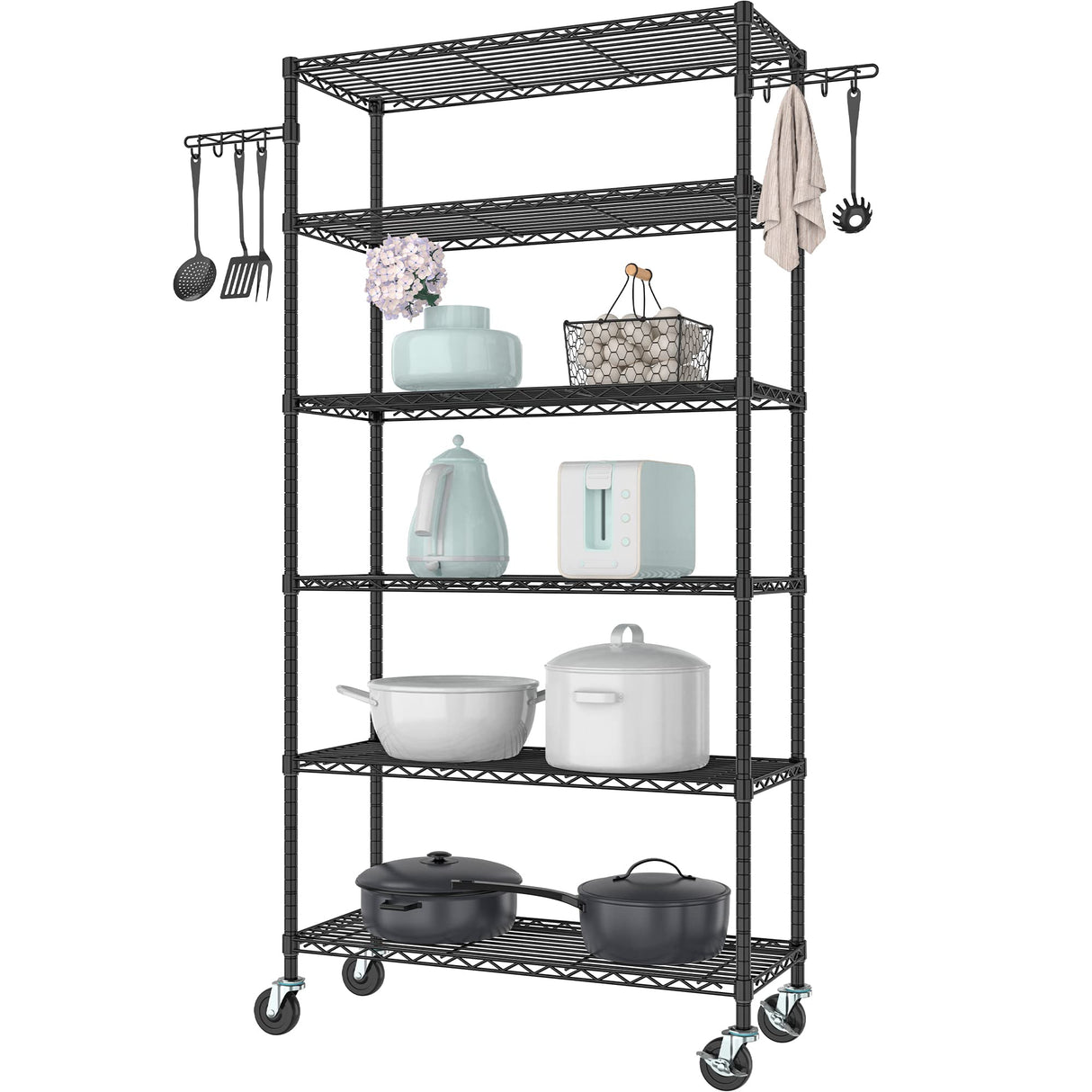 Folews 6-Tier Wire Shelving Unit with Wheels, Metal Storage Shelves Adjustable Layer Storage Rack Organizer Steel Utility Shelf for Home Kitchen Folews