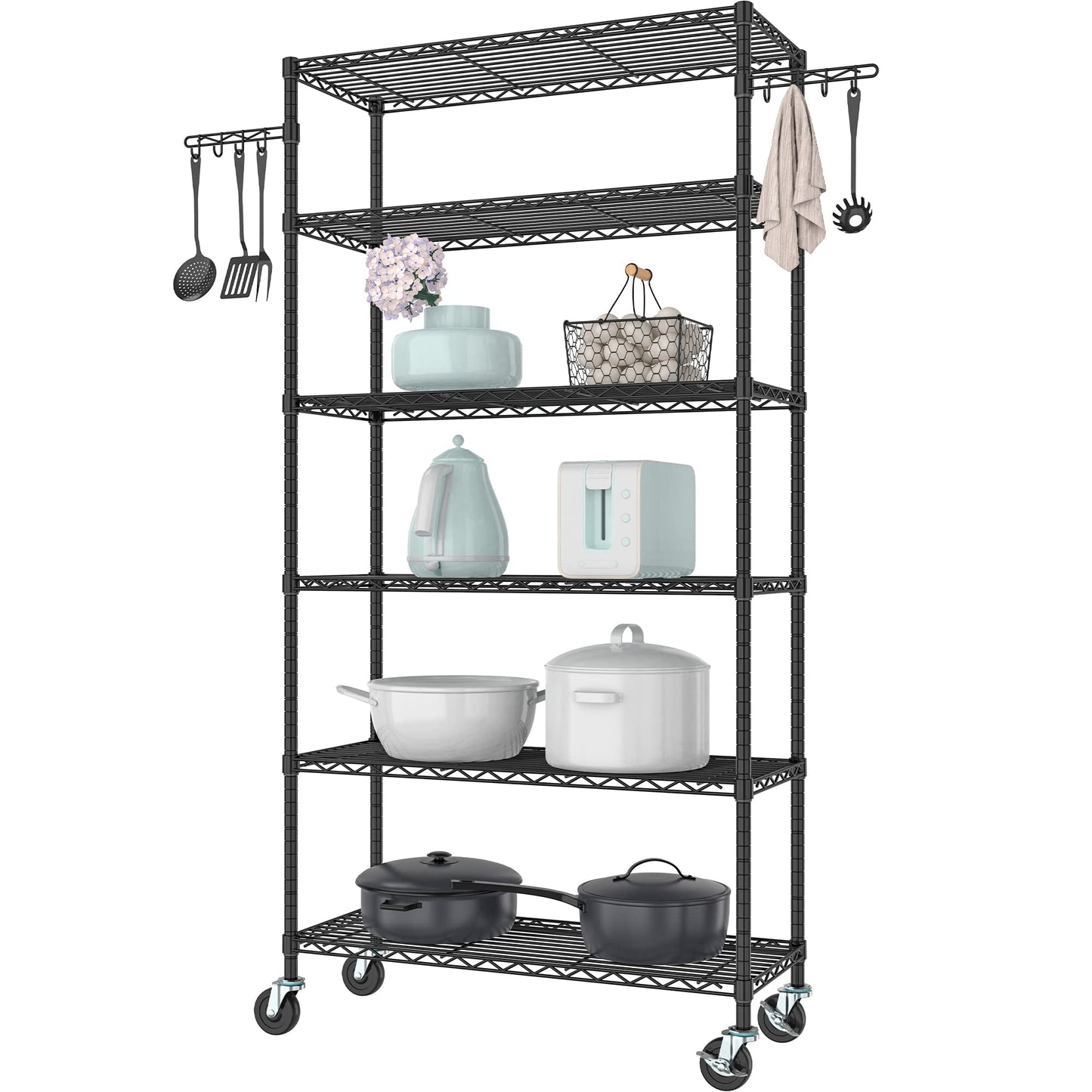 Folews 6-Tier Wire Shelving Unit with Wheels, Metal Storage Shelves Adjustable Layer Storage Rack Organizer Steel Utility Shelf for Home Kitchen - WoodArtSupply