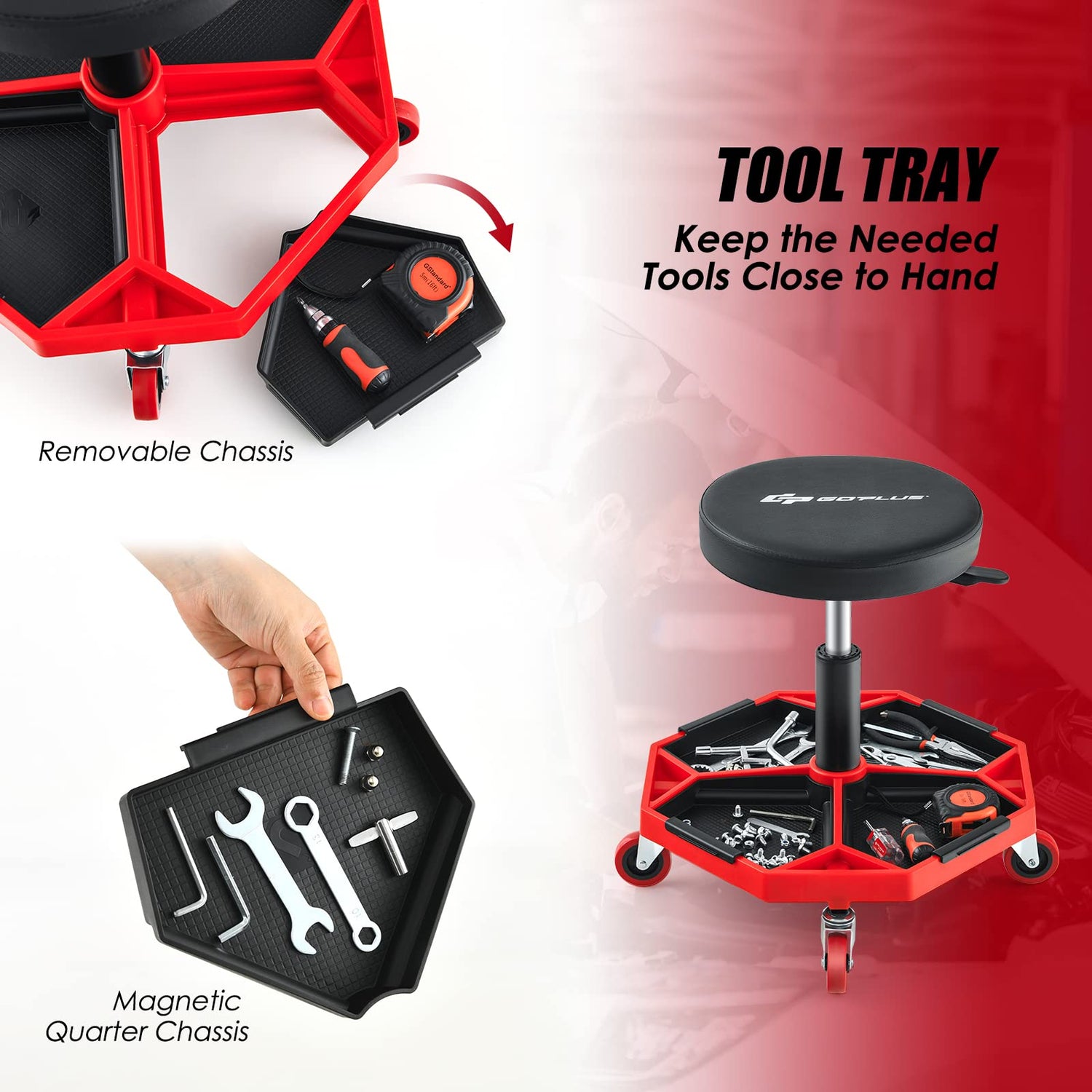 Goplus Rolling Mechanic Stool, Adjustable Pneumatic Shop Stool Creeper Seat with Removable Magnetic Tool Tray, Padded Cushion, Universal Wheels, Goplus