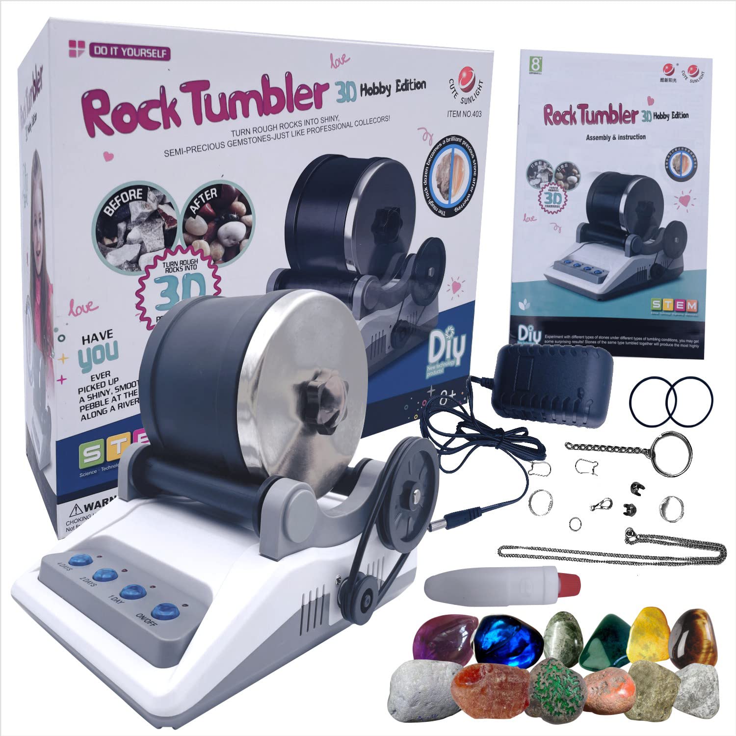 Waitahug Rock Polisher Tumbler Kit-1 Bag of Rough Stones-4 Types of Polishing Sands-Jewelry Fasteners-Wear Resistant, Low Noise Rock Tumbler - WoodArtSupply