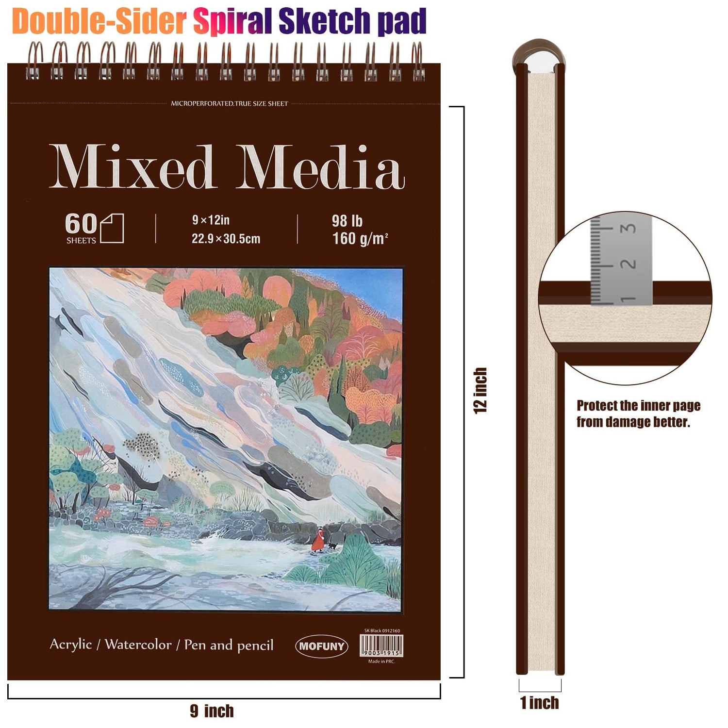 Mixed Media Sketch Pad, 9 x 12 inches, 60 Sheets (98lb/160gsm) Heavyweight Drawing Papers, Top Spiral Bound Hardcover Sketchbook, for Wet and Dry MOFUNY