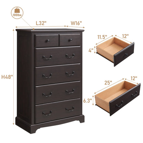 T4TREAM 6 Drawers Dresser Chests for Bedroom, Wood Rustic Tall Chset of Drawers,Dressers Organizer for Bedroom, Living Room,Hallway, Espresso T4TREAM