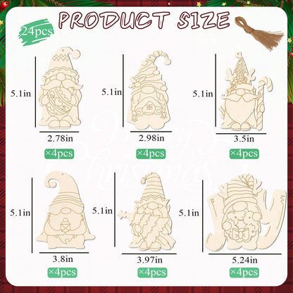 kockuu Christmas Gnome Wooden Ornaments for Tree - 24Pcs Unfinished Blank Wood Gnome Cutout Slices with Line Draft for Kids DIY Craft Making Painting