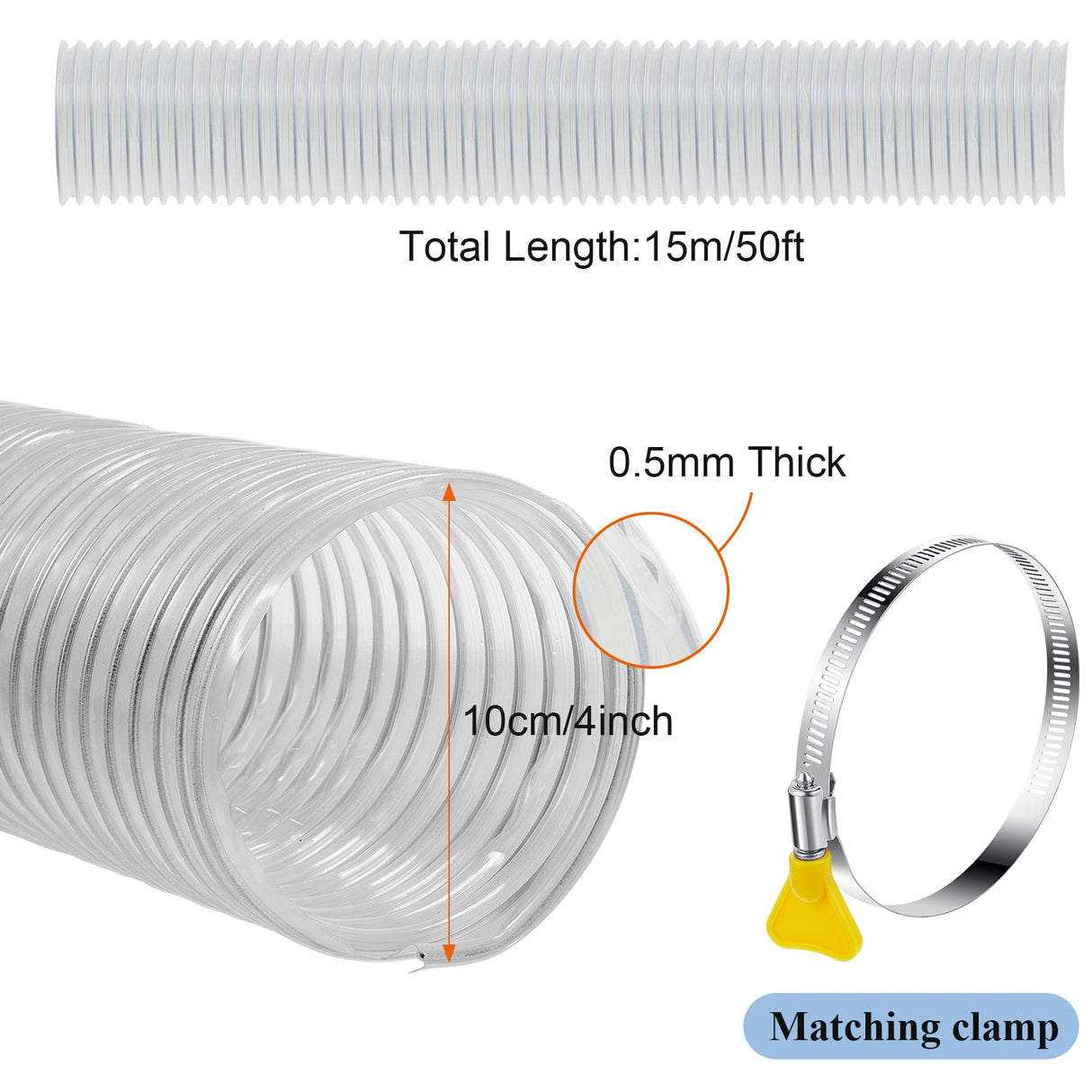 4'' x 50' Flexible PVC Dust Collection Hose with Stainless Steel Hose Clamps Clear Vacuum Hose Dust Collection Fittings Dust Collector Accessories Amylove