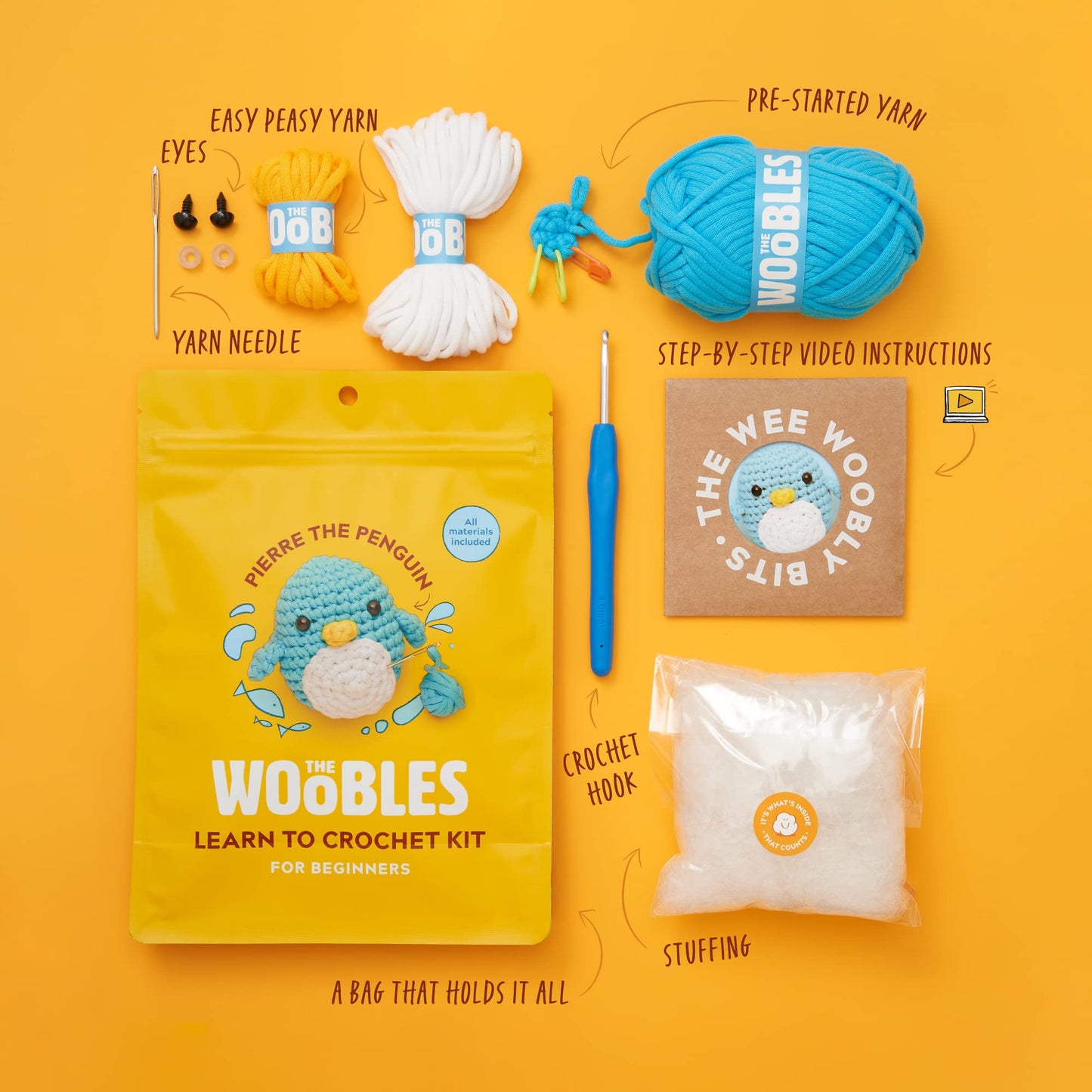 The Woobles Beginners Crochet Kit with Easy Peasy Yarn as seen on Shark Tank - with Step-by-Step Video Tutorials - Pierre The Penguin - WoodArtSupply