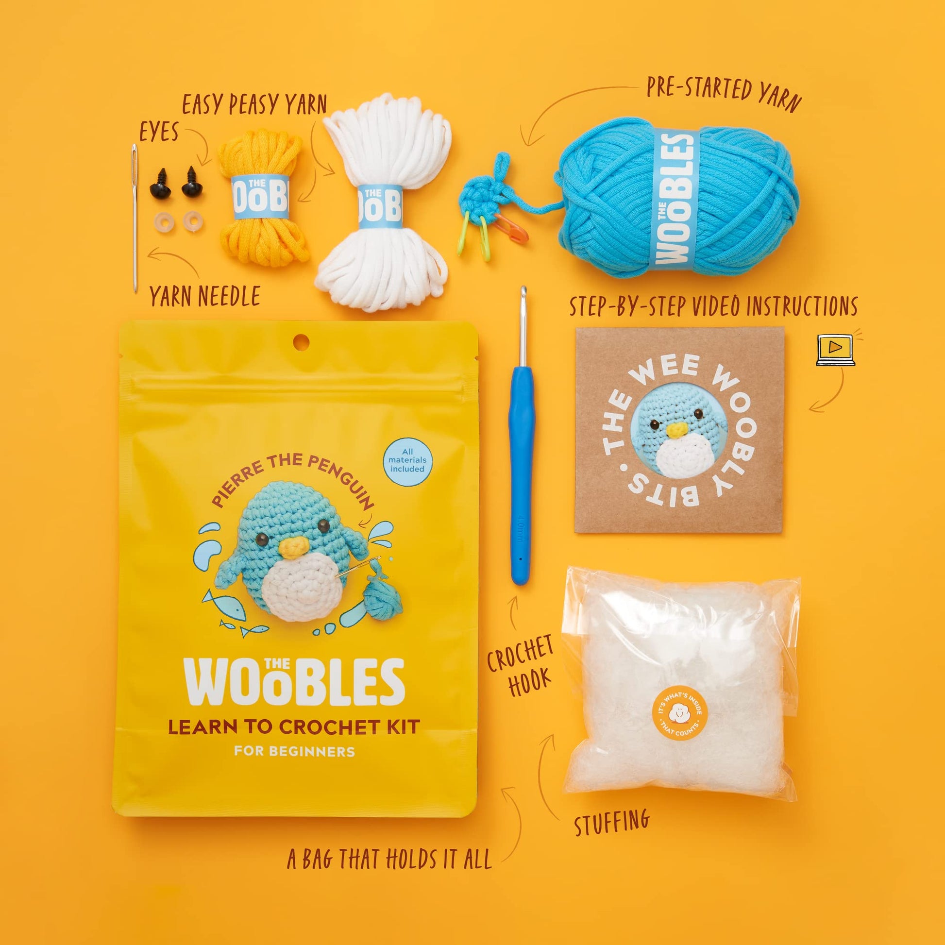 The Woobles Beginners Crochet Kit with Easy Peasy Yarn as seen on Shark Tank - with Step-by-Step Video Tutorials - Pierre The Penguin - WoodArtSupply