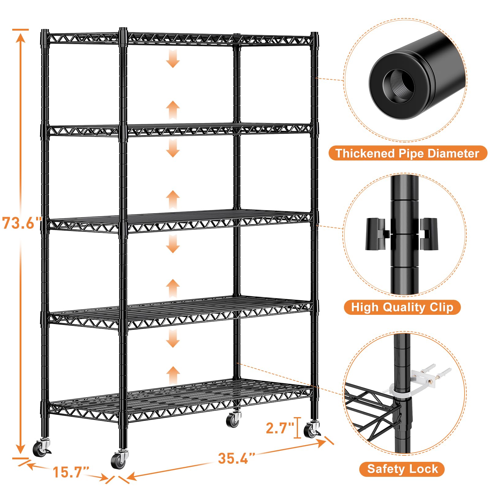 REIBII Wire Shelving Rack Garage Shelving with Wheels 5 Tier Metal Shelving Unit Heavy Duty Shelving Load 1750LBS Adjustable Wire Shelf with Wheels - WoodArtSupply