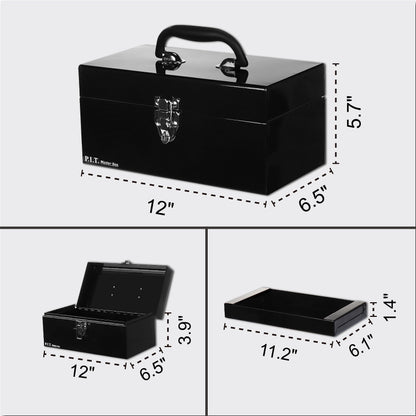 P.I.T. Portable 12” Heavy Duty Steel Tool Box with Metal Latch, Black Hand Carry Tool Cases for Tools Storage