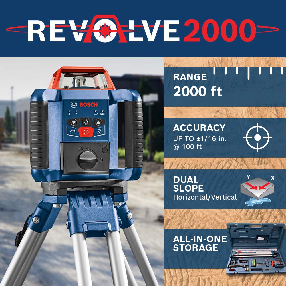 BOSCH REVOLVE2000 GRL2000-40HVK Exterior 2000ft Range Horizontal/Vertical Self-Leveling Cordless Rotary Laser Kit with Tripod, 13ft Grade Rod and