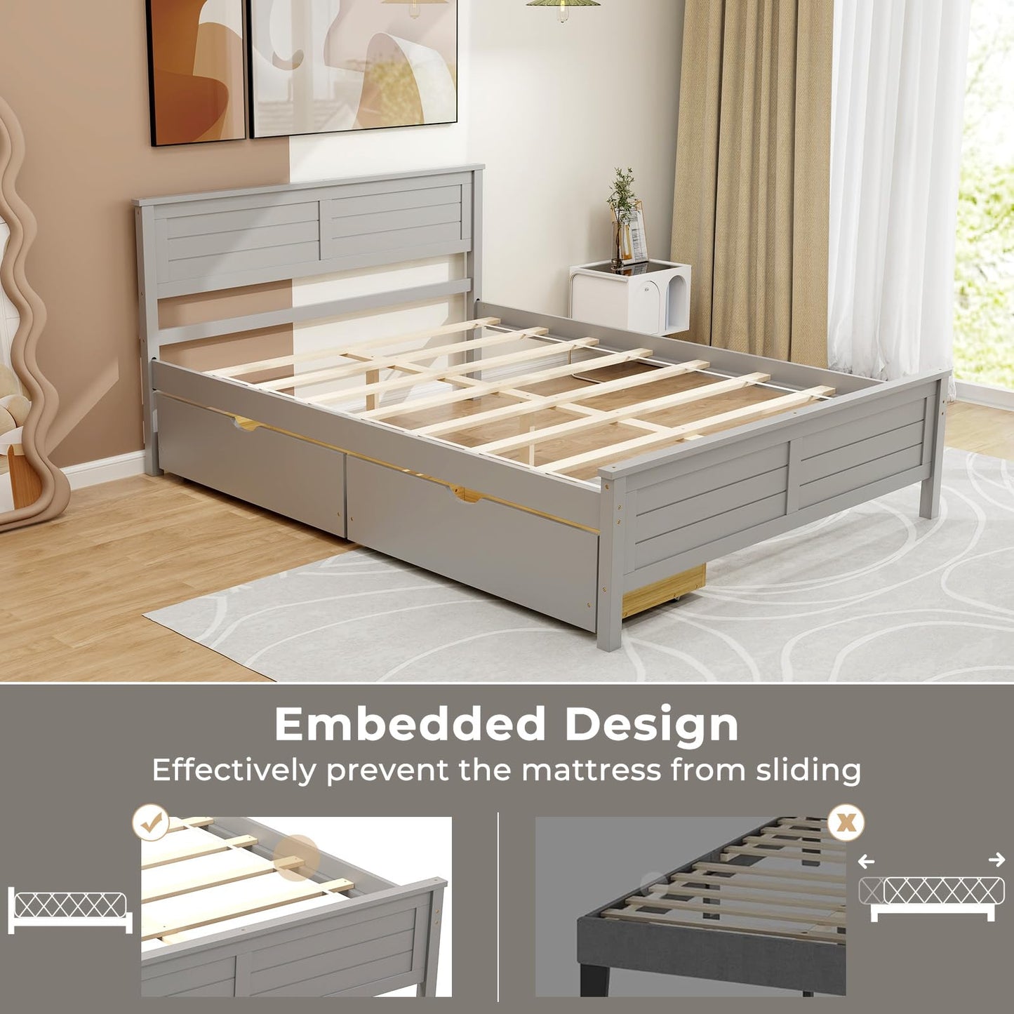 Giantex Wood Full Size Bed Frame with 2 Storage Drawers, Solid Wood Platform Bed with Headboard, Wooden Slats Mattress Foundation, No Spring Needed,