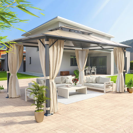 Aoxun 10'x13' Hardtop Gazebo, Aluminum Frame Permanent Pavilion with Curtains and Netting, Outdoor Polycarbonate Gazebo, Double Roof Canopy, for Aoxun