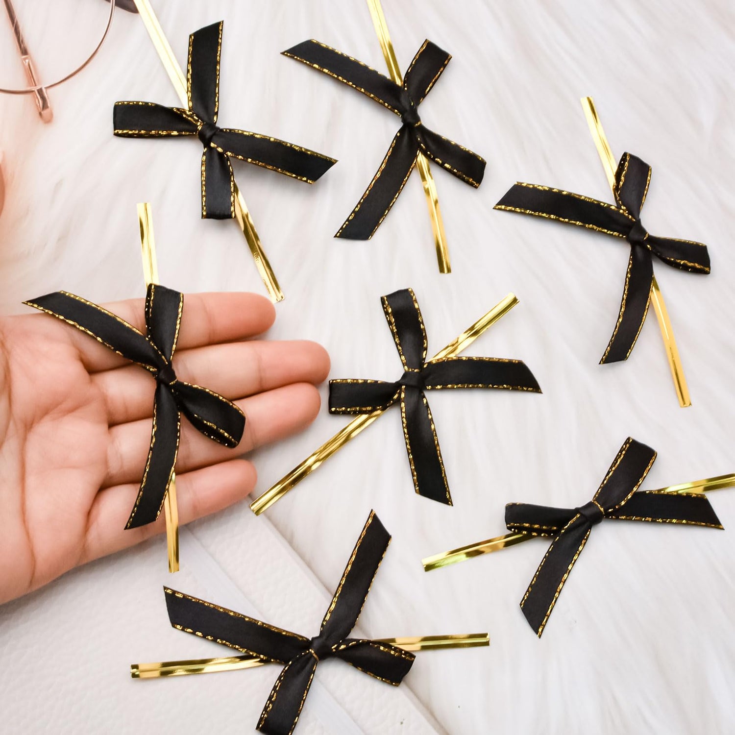 WANDIC Black Small Bows, 200Pcs Satin Twist Tie Bows with Golden Lace Christmas Halloween Mini Bow Pretied Bows for Gift Package Craft Candy Cookie WANDIC