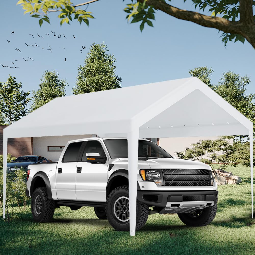 Carport Replacement Canopy, Replacement Top Cover for 12' x 20' Carport Frame, 180G PE Fabric Waterproof & UV Protected Tarp with Ball Bungees, White - WoodArtSupply