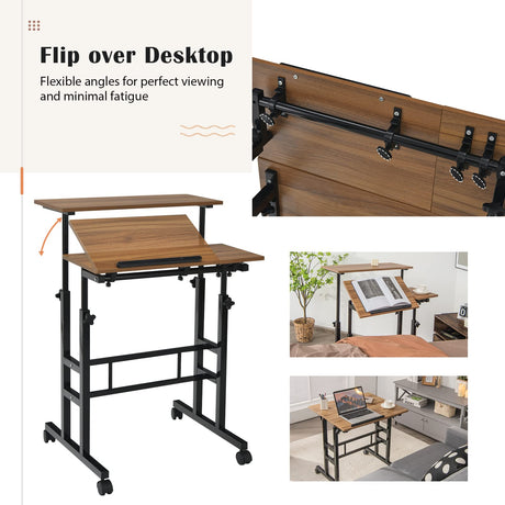 Tangkula Mobile Standing Desk Stand Up Desk, Height Adjustable Home Office Desk with Standing & Seating 2 Modes, Tilting Tabletop & Flexible Wheels, Tangkula