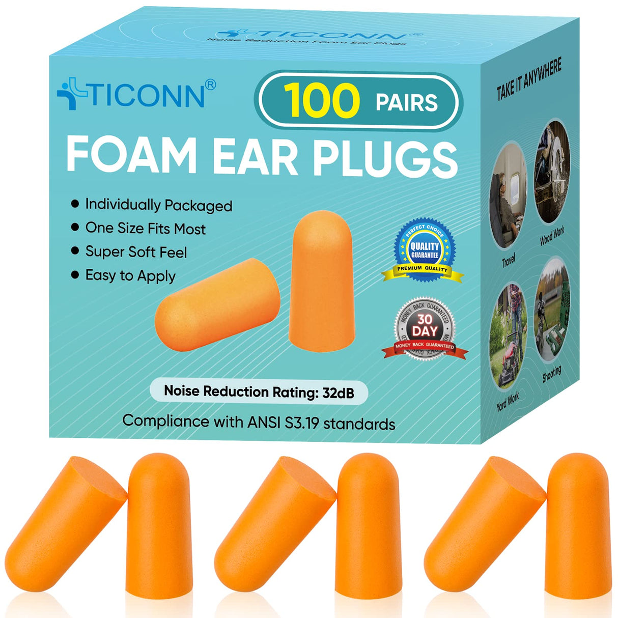 TICONN 100 Pairs Foam Ear Plugs for Sleeping Noise Cancelling, 32dB NRR Earplugs for Hearing Protection Travel Study Construction (100 Pairs) TICONN