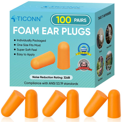 TICONN 100 Pairs Foam Ear Plugs for Sleeping Noise Cancelling, 32dB NRR Earplugs for Hearing Protection Travel Study Construction (100 Pairs) - WoodArtSupply