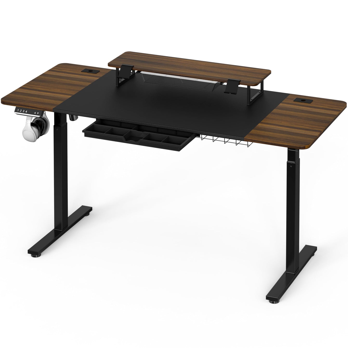 SHW 62-Inch Extra Large Electric Height Adjustable Standing Desk with Monitor Riser and Drawer, 62 x 28 Inches, Walnut - WoodArtSupply