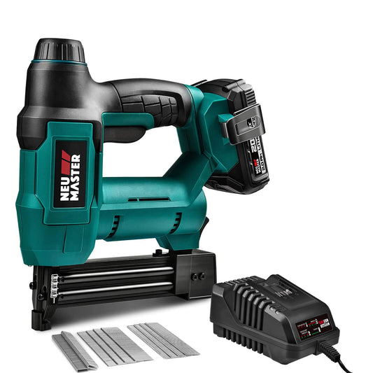 Cordless Nail Gun Battery Powered, NEU MASTER Battery Brad Nailer/Staple Gun NTC0023, 20V Max. 2.0Ah Battery and Charger Included for Upholstery, - WoodArtSupply