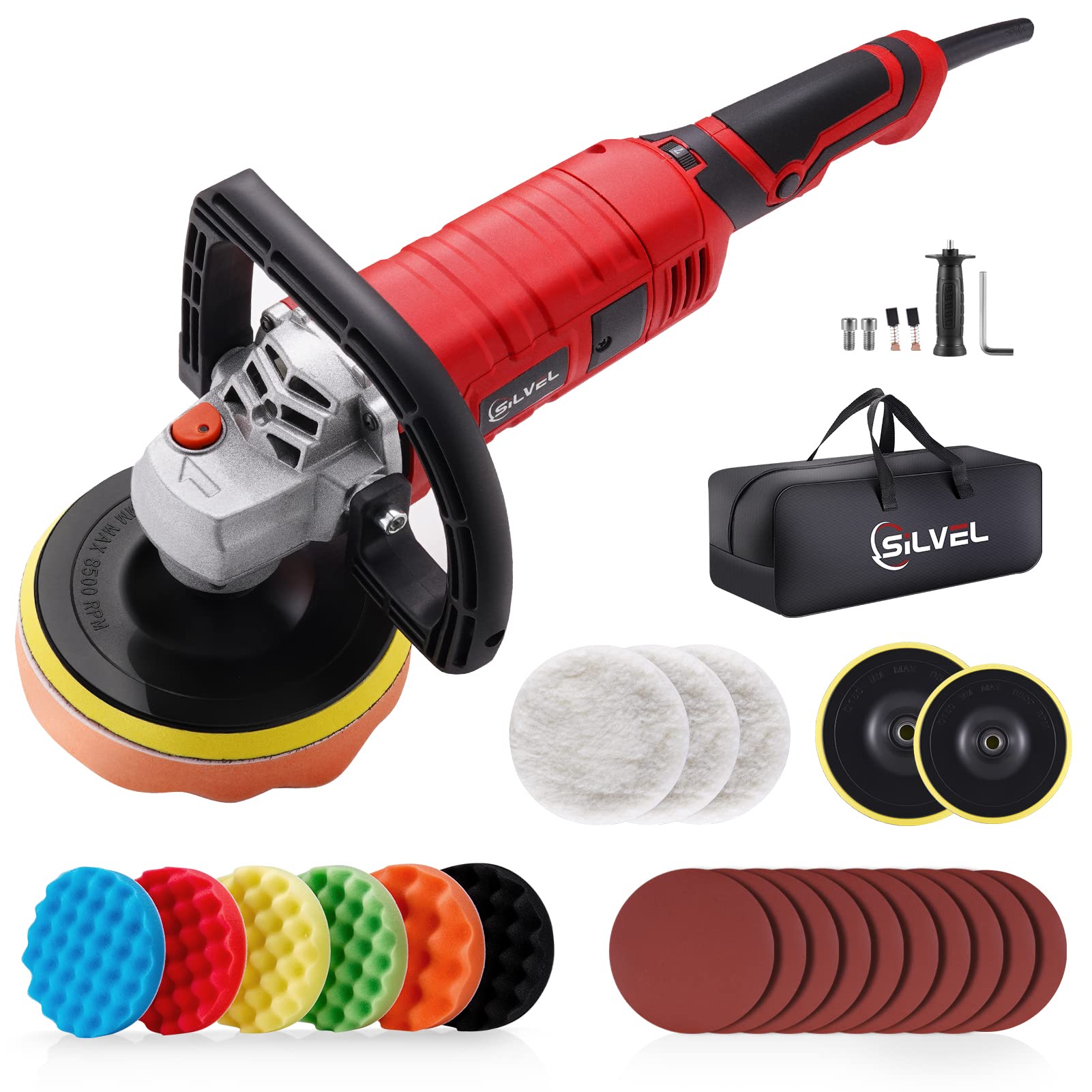 SILVEL Buffer Polisher, 1600W 7 Inch/6 Inch Polisher for Car Detailing, Wax Machine, 7 Variable Speed, with 6 Foam Pads, 3 Wool Pads, Packaging Bag, - WoodArtSupply