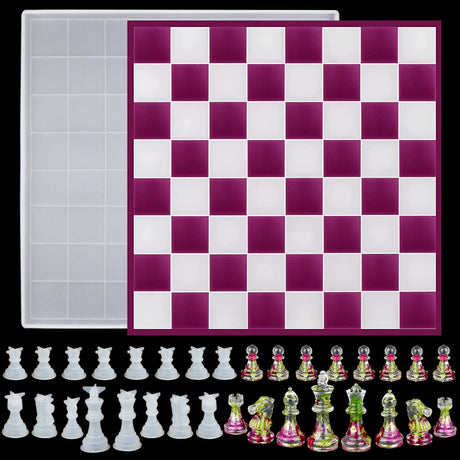 RESINWORLD 12 inches XL Large Checkers Chess Board Mold for Resin, 16 Pieces Full Size 3D Silicone Chess Piece Mold for Epoxy Resin, Chess Resin Mold ResinWorld