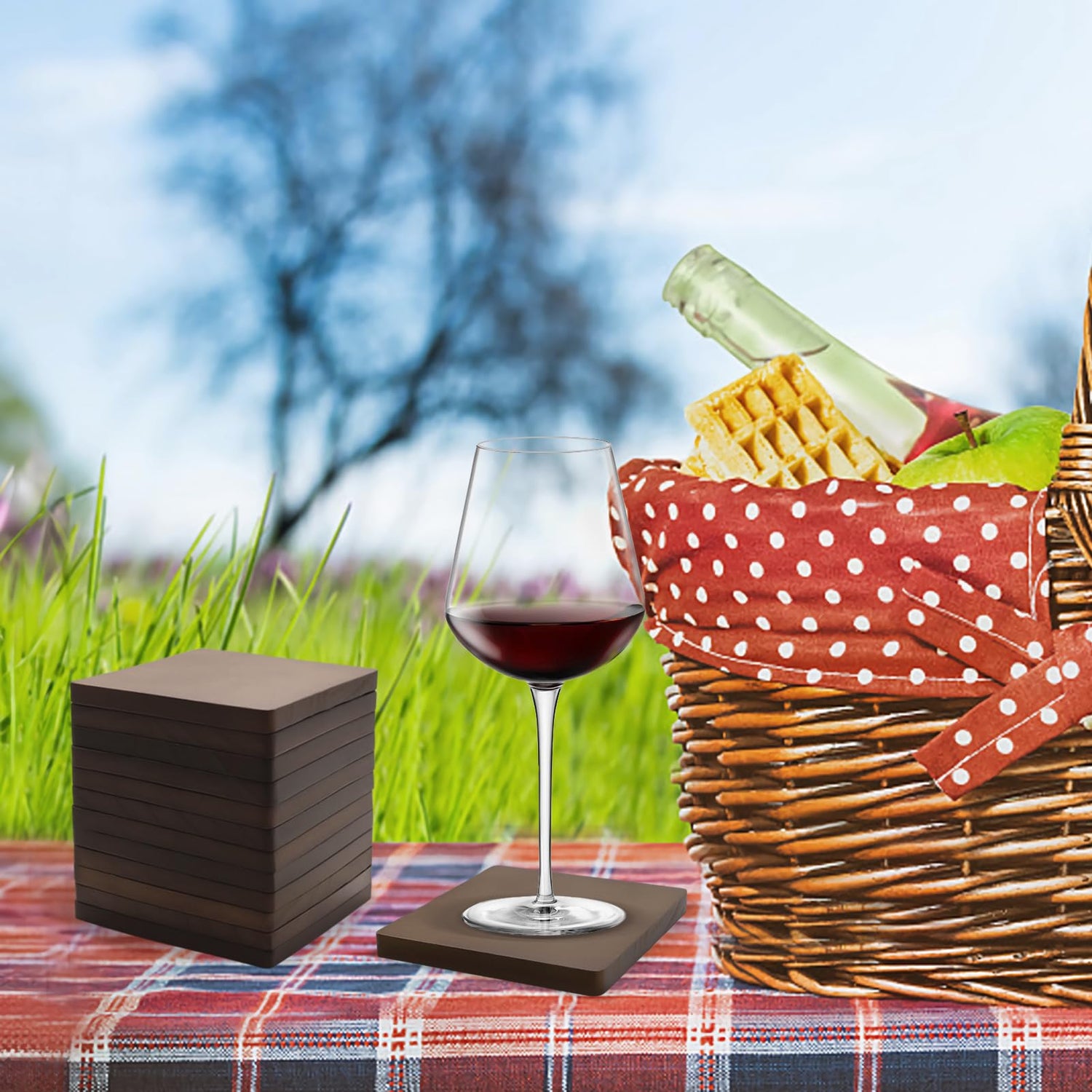 SIJDIEE 4 Inch Wood Drink Coasters, 12 Pack Square Bulk Wooden Coasters with Non-Slip Silicon Dot Stickers for Bar Kitchen Home Dinner Table Decor SIJDIEE