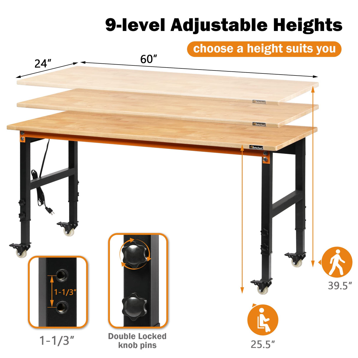 Betterhood 60" Adjustable Workbench for Garage, Rubber Wood Heavy Duty Workstation with Power Outlets & Wheels, 2000 LBS Load Capacity Hardwood Betterhood