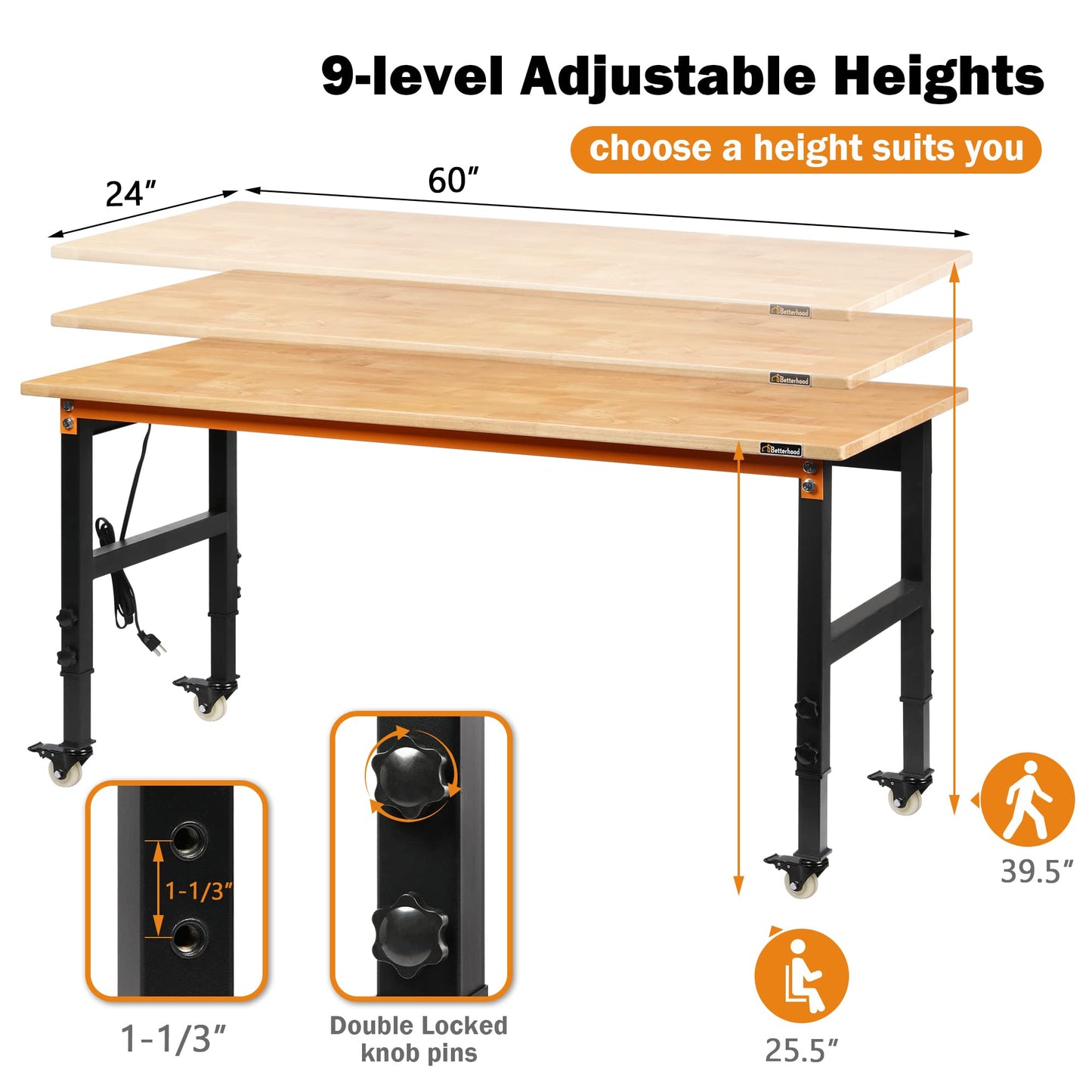 Betterhood 60" Adjustable Workbench for Garage, Rubber Wood Heavy Duty Workstation with Power Outlets & Wheels, 2000 LBS Load Capacity Hardwood - WoodArtSupply