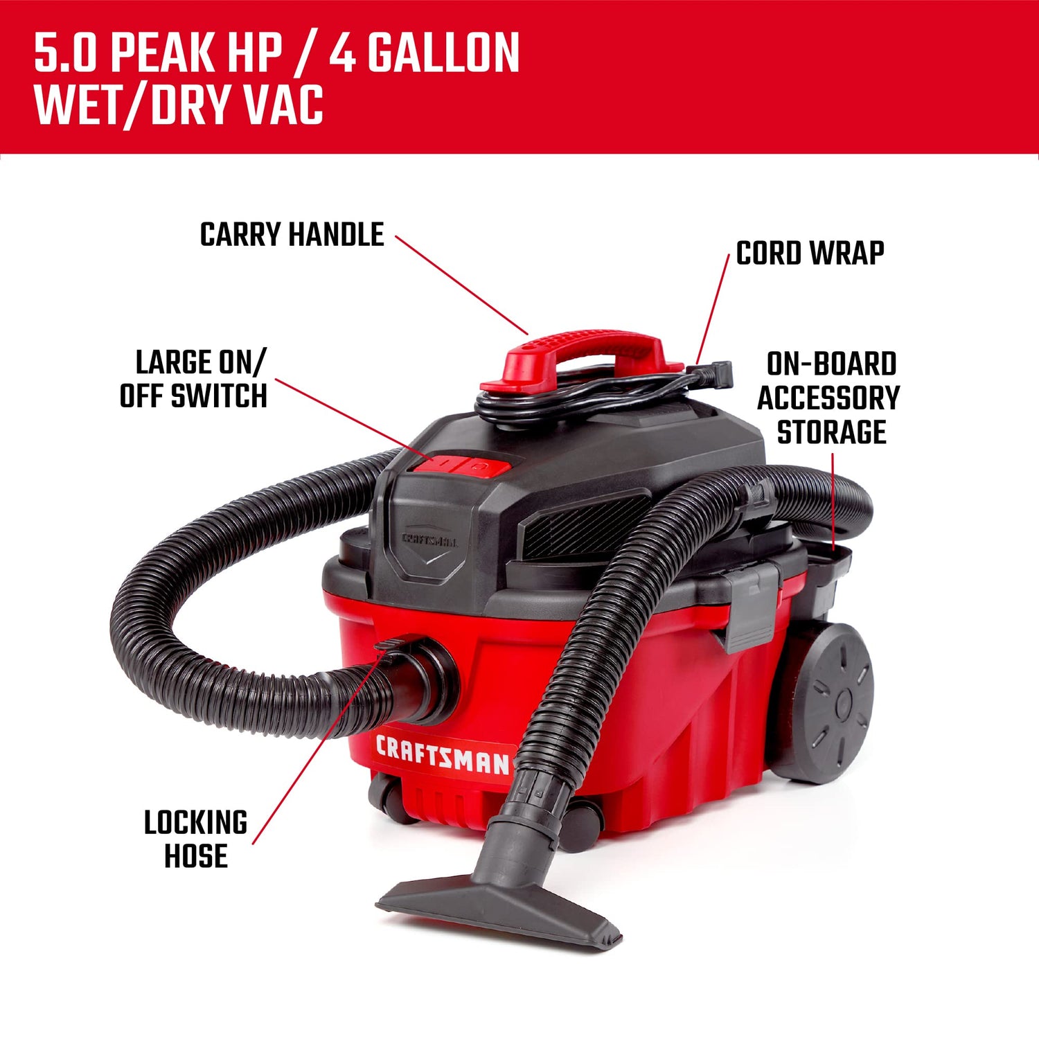 Craftsman CMXEVBE17040 4 Gallon 5.0 Peak HP Wet/Dry Vac, Portable Shop Vacuum with Attachments Craftsman