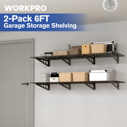 WORKPRO 2-Pack 2x6FT Garage Wall Shelving, 72” x 24” Heavy Duty Wall Mounted Shelving, 800lbs Load Capacity (Total), Metal Wall Shelves Suitable for - WoodArtSupply