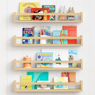 Forbena Floating Natural Wood Nursery Bookshelves - Set of 4, 24 Inch Wall-Mounted Bookcases for Kids' Rooms