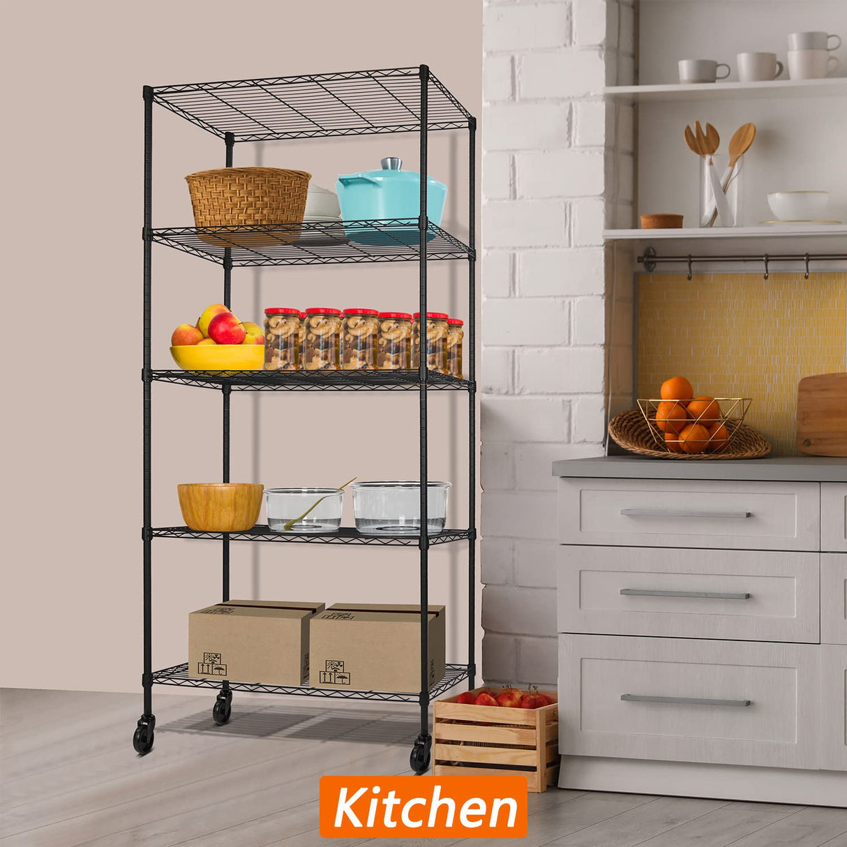 5-Shelf Adjustable Heavy Duty Storage Shelving Unit on 4 Wheel Casters, Metal Organizer Wire Rack for Laundry Bathroom Kitchen Pantry Closet, Black Soywey