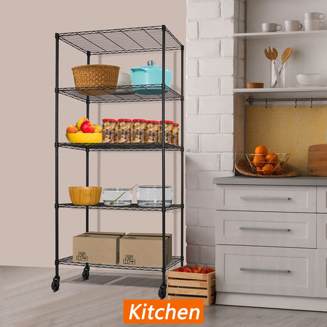 5-Shelf Adjustable Heavy Duty Storage Shelving Unit on 4 Wheel Casters, Metal Organizer Wire Rack for Laundry Bathroom Kitchen Pantry Closet, Black Soywey