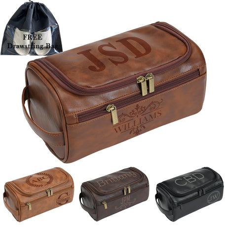Personalized Leather Toiletry Bag For Men with Hook, Groomsmen Gifts Travel Bag Laser Engraved Name Monogram Leather Gift Anniversary Gift For Him Bleggeit
