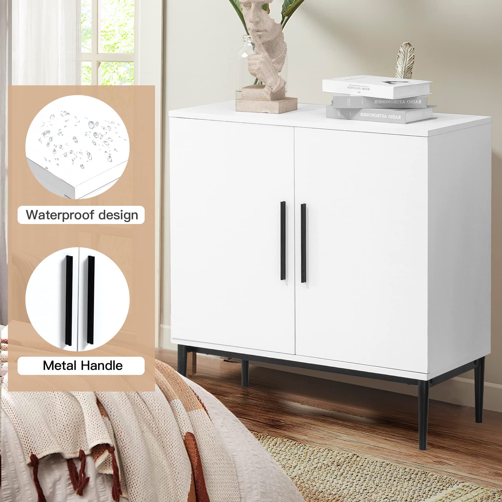 KFO Storage Cabinet with Doors, White Accent Cabinet, Modern Free Standing Cabinet, Sideboard with Metal Base for Bedroom, Living Room, Kitchen and - WoodArtSupply