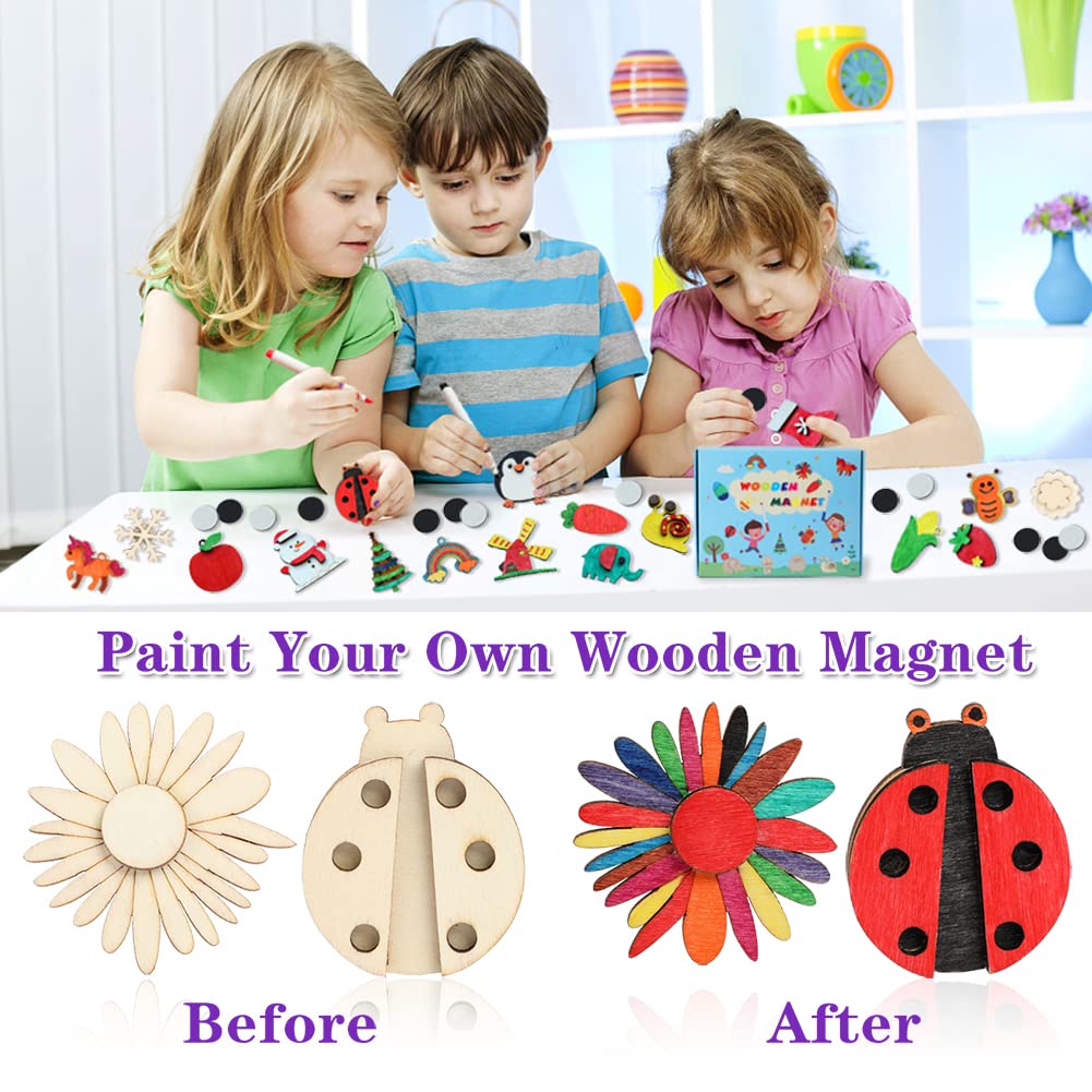 Worgree DIY Wooden Magnets, 36 pcs Wooden Art Craft Supplies Painting Kit for Kids Party Favors for Boys Girls Ages 4-8 8-12 Birthday Easter Crafts Worgree