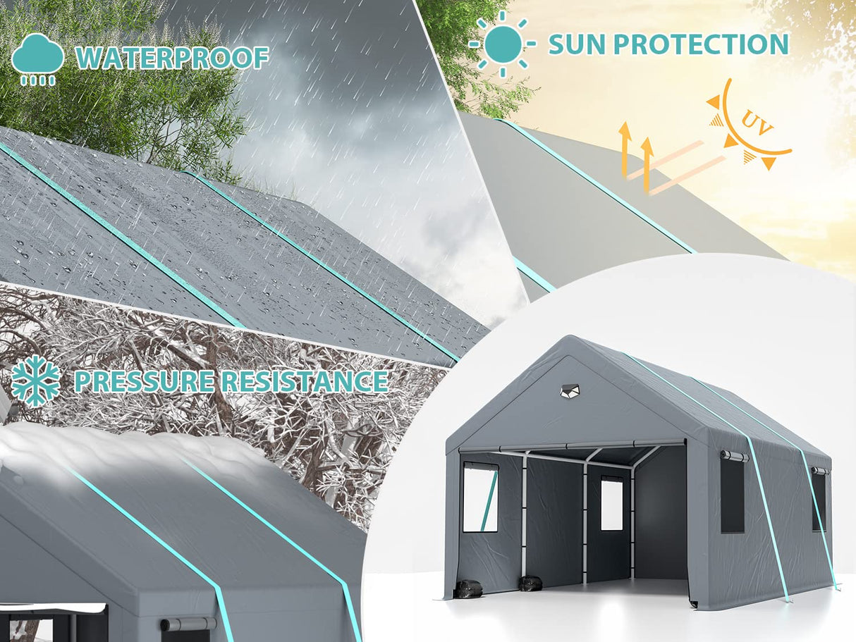 12 * 20 Heavy Duty Carport Canopy - Extra Large Portable Car Tent Garage with Roll-up Windows and All-Season Tarp Cover,Metal Roof &Side Walls for Sannwsg