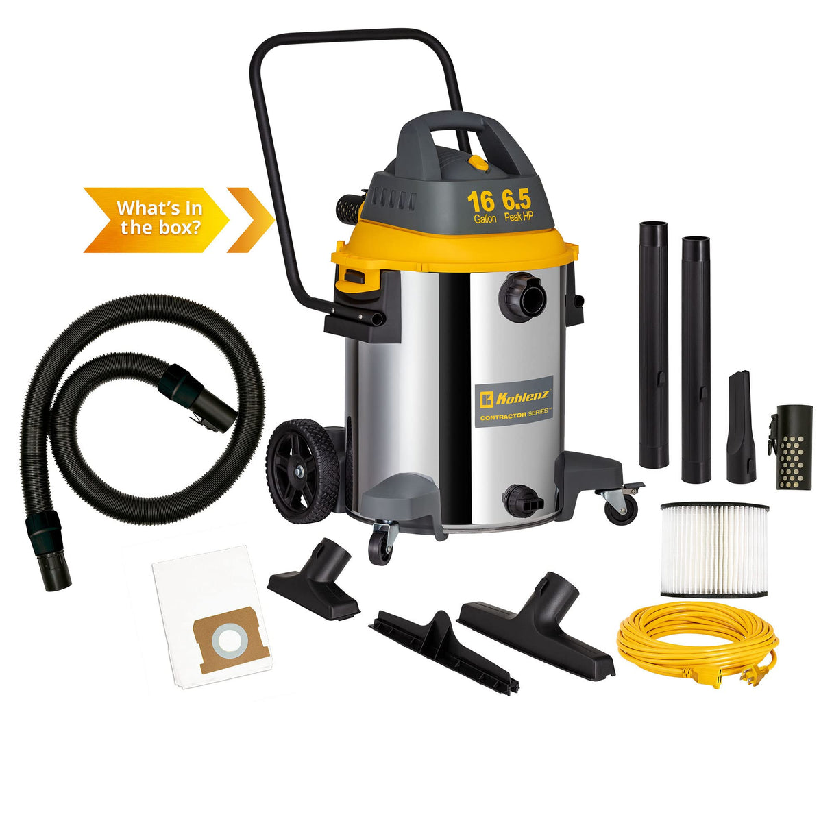 Koblenz Contractor Wet/Dry Vac, 16 Gal Stainless Steel 6.5HP 2-Stage Quiet Motor, Stainless (WD-16 C416SSH) Koblenz